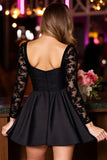 Black Sparkly A Line Short Corset Prom Dress with Lace