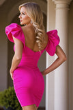 Fuchsia Satin V-Neck Short Bodycon Prom Dress with Ruffles