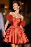 Orange A Line Strapless Satin Short Prom Dress with Feathers