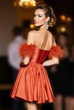 Orange A Line Strapless Satin Short Prom Dress with Feathers