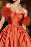 Orange A Line Strapless Satin Short Prom Dress with Feathers