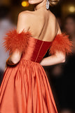 Orange A Line Strapless Satin Short Prom Dress with Feathers