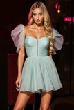 Green A Line Short Backless Prom Dress with Ruffles