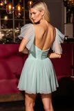 Green A Line Short Backless Prom Dress with Ruffles
