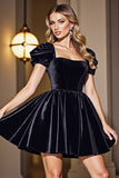 Black A Line Velvet Short Prom Dress with Sleeves