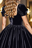 Black A Line Velvet Short Prom Dress with Sleeves
