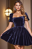 Black A Line Velvet Short Prom Dress with Sleeves