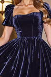 Black A Line Velvet Short Prom Dress with Sleeves