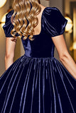 Black A Line Velvet Short Prom Dress with Sleeves
