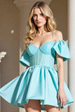 Light Blue Corset Cold Shoulder Short A Line Prom Dress