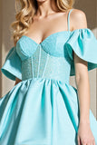 Light Blue Corset Cold Shoulder Short A Line Prom Dress