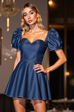Dark Blue Corset Sweetheart Short A Line Prom Dress with Sleeves