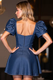 Dark Blue Corset Sweetheart Short A Line Prom Dress with Sleeves