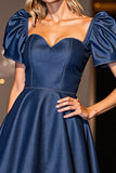 Dark Blue Corset Sweetheart Short A Line Prom Dress with Sleeves