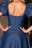 Dark Blue Corset Sweetheart Short A Line Prom Dress with Sleeves