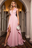 Pink A Line V-Neck Ruched Maxi Formal Dress with Slit