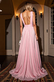 Pink A Line V-Neck Ruched Maxi Formal Dress with Slit