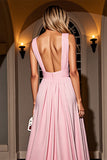 Pink A Line V-Neck Ruched Maxi Formal Dress with Slit