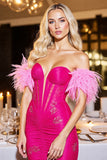 Sparkly Fuchsia Sweetheart Corset Mini Prom Dress with Feathers