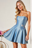 Blue A Line Satin Strapless Short Cute Prom Dress