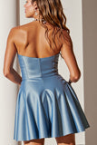 Blue A Line Satin Strapless Short Cute Prom Dress