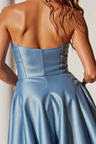 Blue A Line Satin Strapless Short Cute Prom Dress