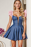 Short Dark Blue Corset A Line Prom Dress with Ruffles