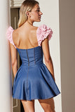 Short Dark Blue Corset A Line Prom Dress with Ruffles