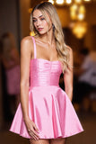 Pink A Line Spaghetti Straps Ruched Short Prom Dress