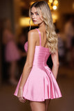 Pink A Line Spaghetti Straps Ruched Short Prom Dress