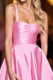 Pink A Line Spaghetti Straps Ruched Short Prom Dress