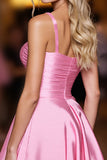 Pink A Line Spaghetti Straps Ruched Short Prom Dress