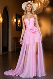 Pink Chiffon Strapless Ruffled Corset Long Prom Dress with Ruffles