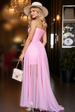 Pink Chiffon Strapless Ruffled Corset Long Prom Dress with Ruffles