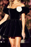 Black A Line Velvet Off the Shoulder Short Prom Dress