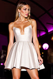 A Line White Spaghetti Straps Satin Short Prom Dress