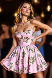 Pink Floral Printed A Line Short Prom Dress