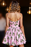 Pink Floral Printed A Line Short Prom Dress