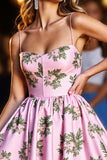 Pink Floral Printed A Line Short Prom Dress