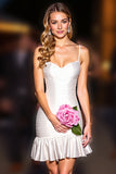 Ruffled White Bodycon Spaghetti Straps Short Prom Dress