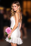 Ruffled White Bodycon Spaghetti Straps Short Prom Dress