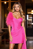 Fuchsia Short Tight Satin Prom Dress with Feather