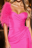 Fuchsia Short Tight Satin Prom Dress with Feather