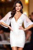 White V Neck Bodycon Short Satin Prom Dress with Sleeves