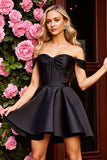 Short Black A Line Ruched Corset Short Satin Prom Dress