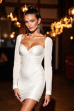 White Satin Sweetheart Ruched Short Tight Prom Dress with Bow