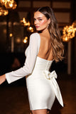 White Satin Sweetheart Ruched Short Tight Prom Dress with Bow