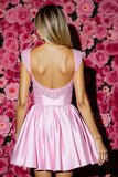 Sparkly Pink Corset Satin A Line Short Prom Dress with Bow