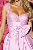 Sparkly Pink Corset Satin A Line Short Prom Dress with Bow