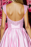 Sparkly Pink Corset Satin A Line Short Prom Dress with Bow